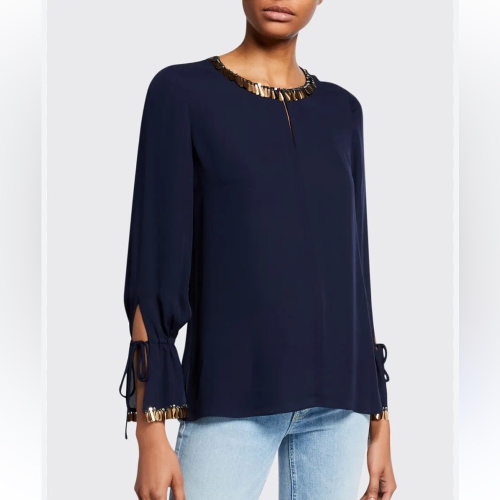 Kobi Halperin 100% Silk Juliette Embellished Georgette Blouse Size M Navy Gold